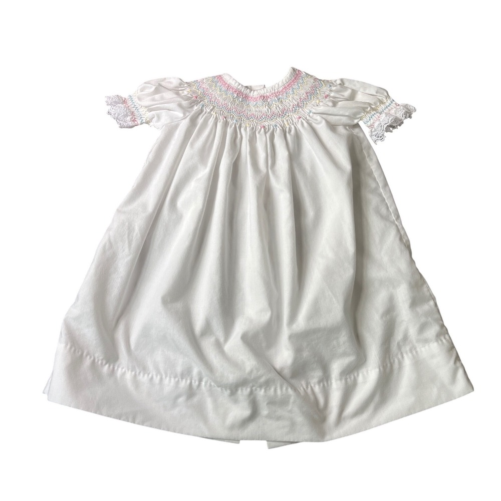 Vintage HANDMADE BISHOP DRESS White w/Pastel Smocking Pink Blue Yellow 3-6 Month
